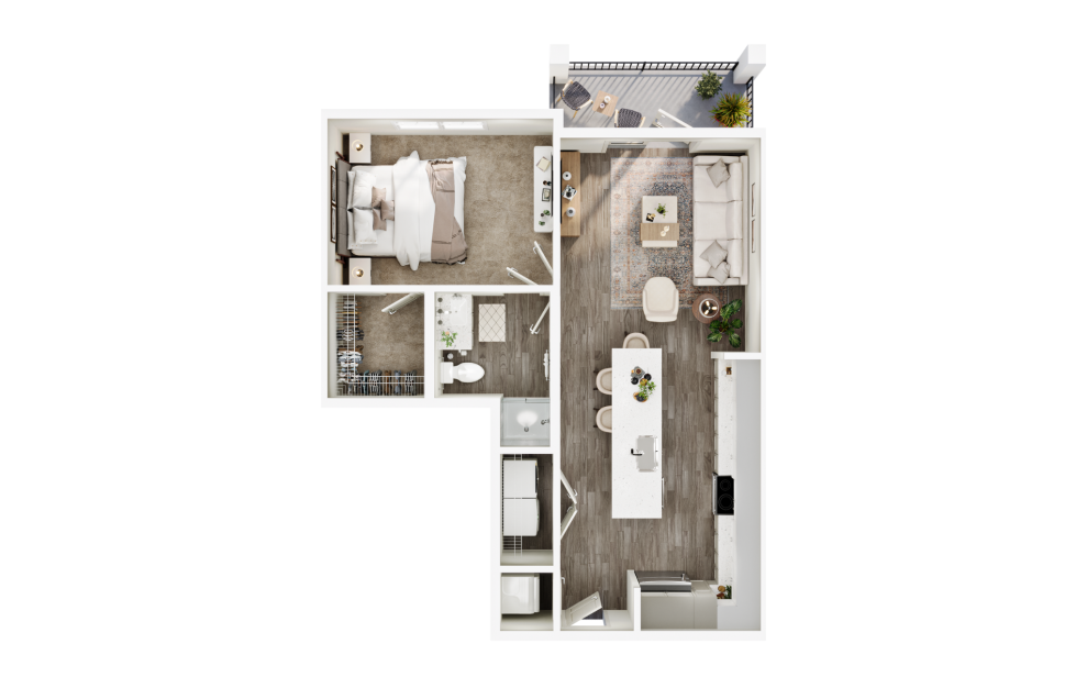 A2 - 1 bedroom floorplan layout with 1 bath and 710 square feet. (3D)