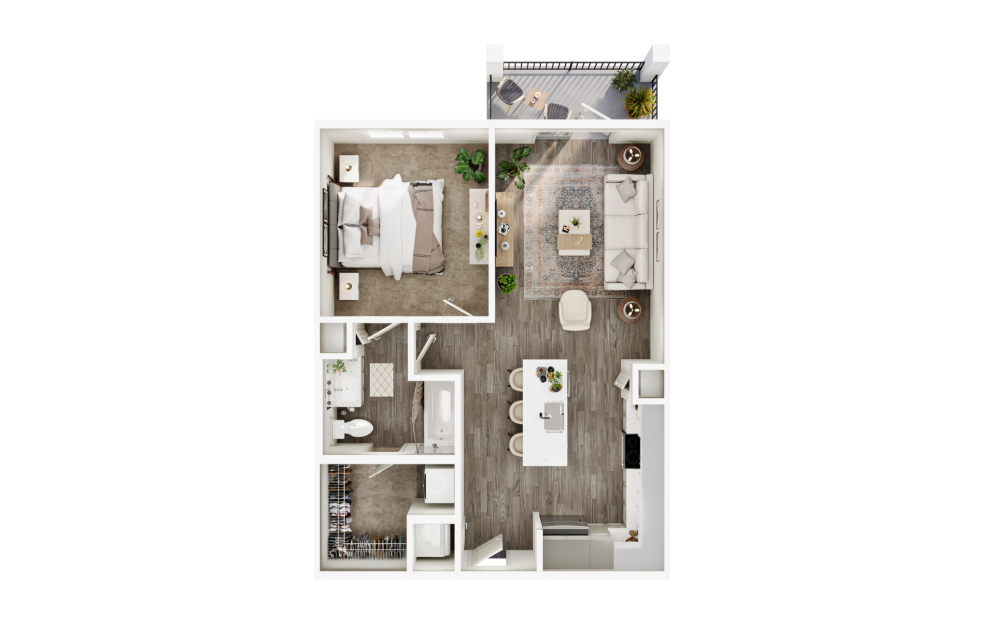 A3 - 1 bedroom floorplan layout with 1 bath and 744 square feet. (3D)