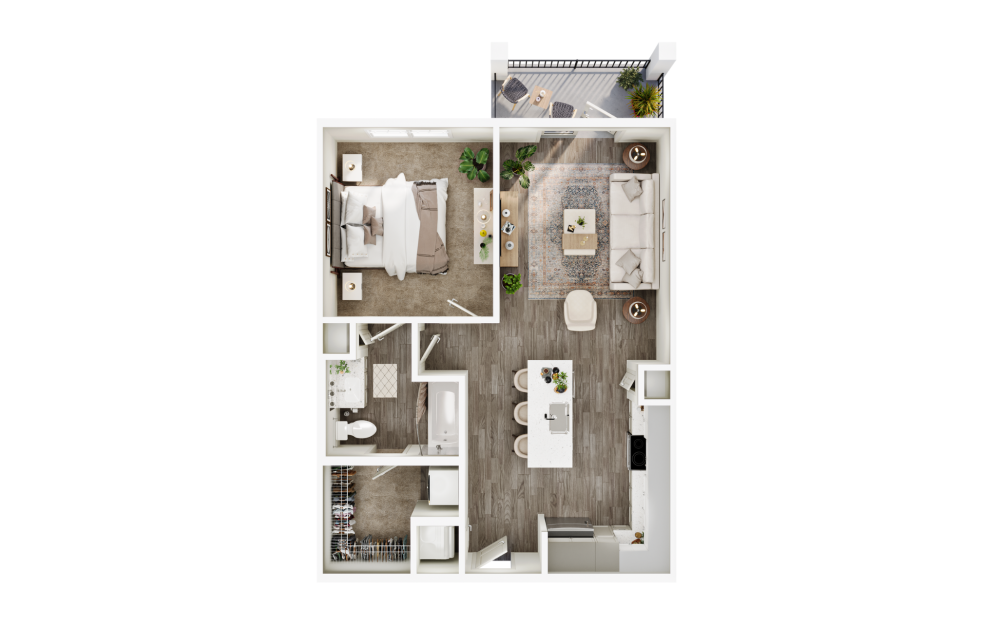 A3 - 1 bedroom floorplan layout with 1 bathroom and 744 square feet (3D Floor Plan 
, 3D)