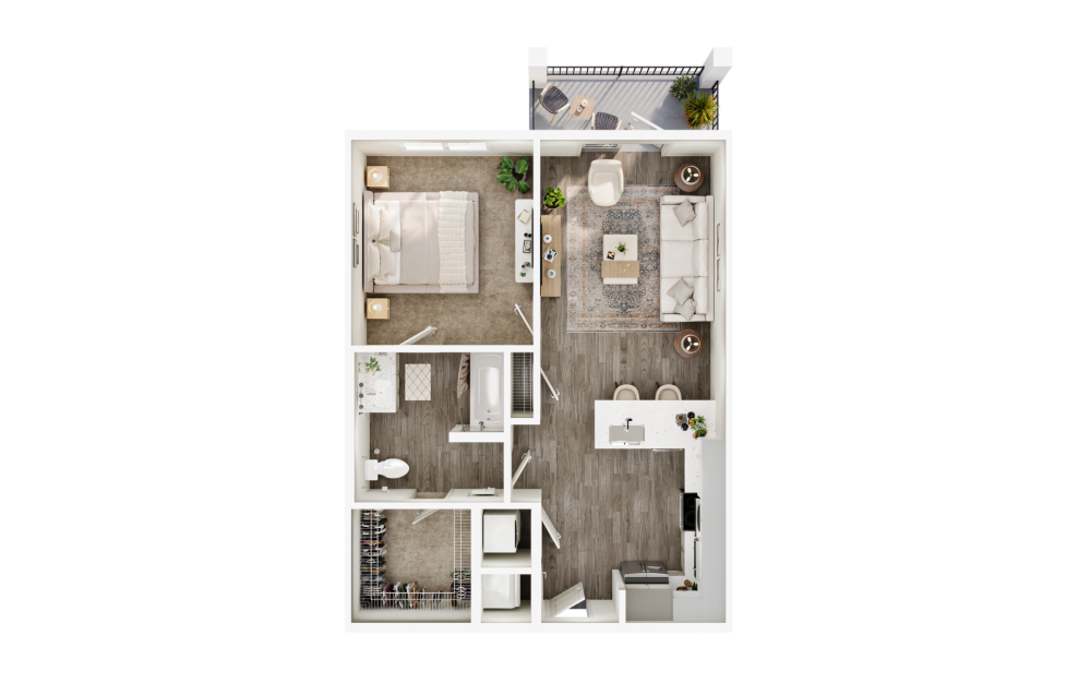 A3A - 1 bedroom floorplan layout with 1 bath and 744 square feet. (3D)