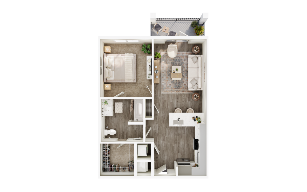 A3A - 1 bedroom floorplan layout with 1 bathroom and 744 square feet (3D)