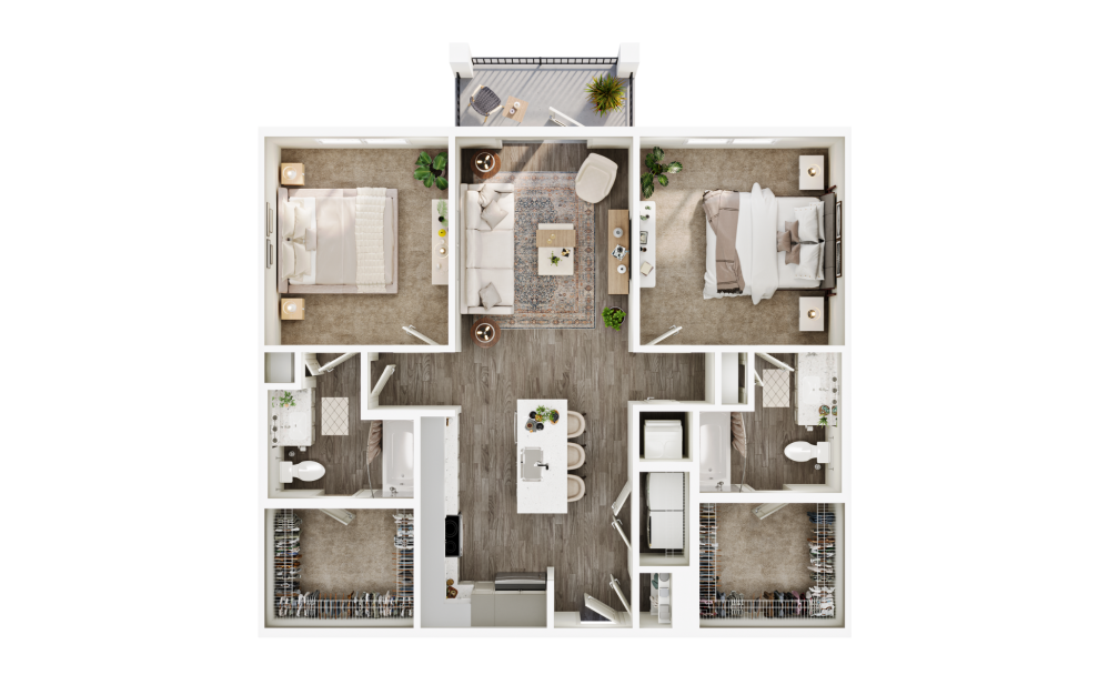 B1 - 2 bedroom floorplan layout with 2 bathrooms and 1116 square feet (3D)