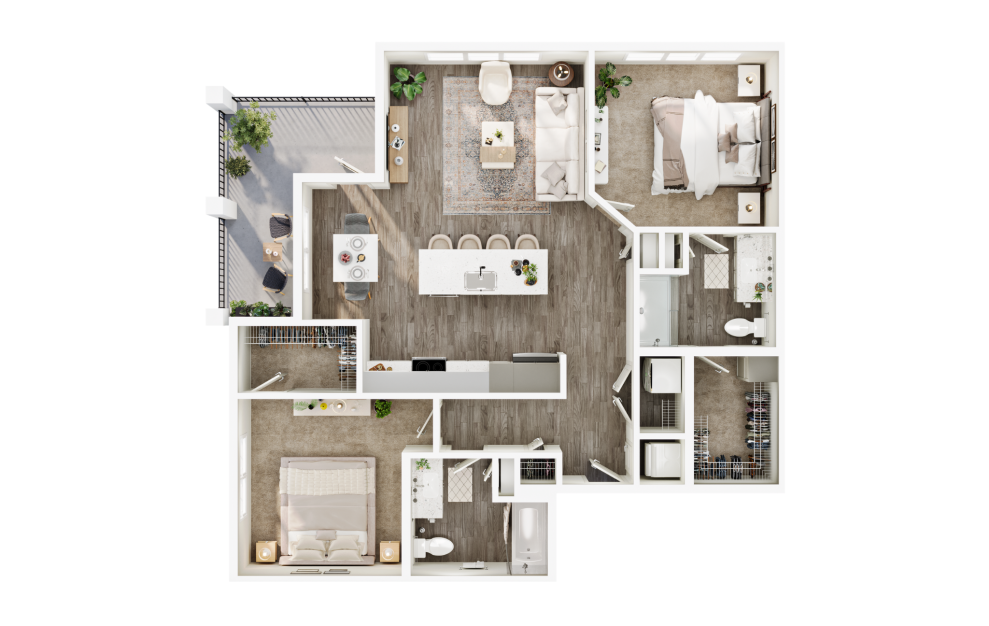 B2 - 2 bedroom floorplan layout with 2 baths and 1148 square feet. (3D)