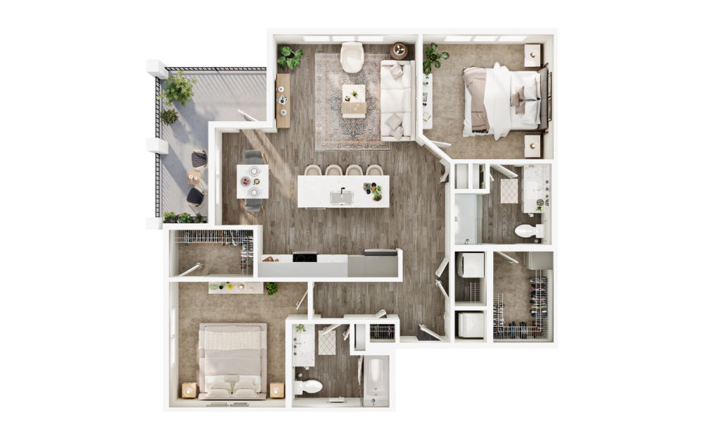 B2 - 2 bedroom floorplan layout with 2 bathrooms and 1148 square feet (3D)