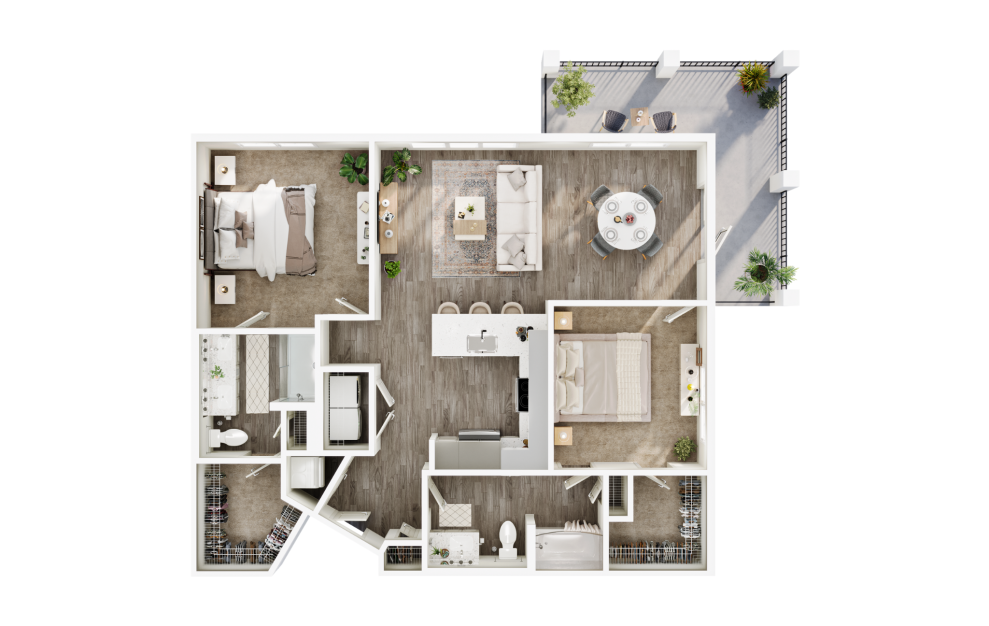 B3 - 2 bedroom floorplan layout with 2 baths and 1204 square feet. (3D)